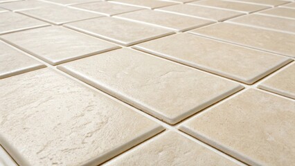 Poster - A closeup perspective of light beige tiles with a soft matte finish that absorbs light surrounded by perfectly leveled white grout creating a serene and inviting atmosphere.