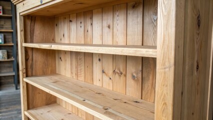 Poster - A closeup of the unfinished back panel of the bookshelf with visible knots and imperfections emphasizing the rustic charm of the raw materials.