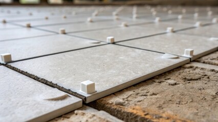 Aufkleber - A closeup of the tile spacers themselves with their edges sharply defined against the rough backdrop of the freshly prepared floor emphasizing the importance of precision in