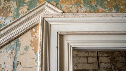 Aufkleber - A closeup of the textured wall reminders of previous paint layers beneath the surface intertwining with the unspoiled trim that frames the entryway.
