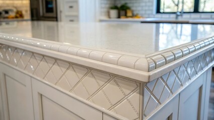 Poster - A closeup of the kitchen islands countertop edge the pristine white reflecting a touch of light showcasing its readiness to embrace intricate tile designs.