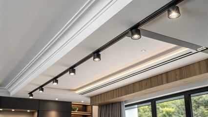 Aufkleber - A closeup of the ceiling track reveals clean lines and sharp edges with recessed lights that can pivot to direct light where its needed most in the modern living space.