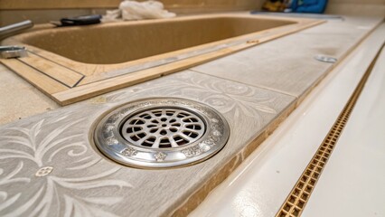 Poster - A closeup of the bathtubs drain area featuring intricate details on the chrome drain cover resting gently on the unpolished subfloor surrounded by installation materials.