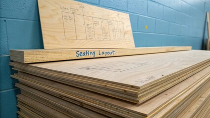 Aufkleber - A closeup of sy plywood sheets stacked against a freshly painted wall each marked with notes and sketches highlighting the upcoming seating layout.