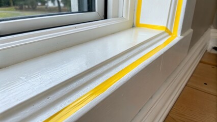 Poster - A closeup of smooth freshly painted white trim along a window frame with bright yellow painters tape carefully outlining the edge for a neat finish.