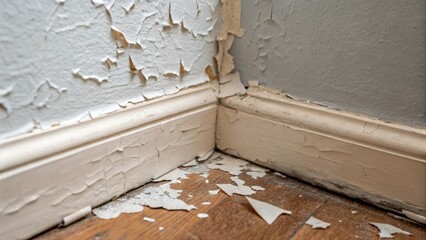 Aufkleber - A closeup of textured wallpaper peeling away in a corner exposing a base layer of old paint that is interrupted by fresh white painters tape.