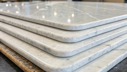 Poster - A closeup of round edges on a stack of light gray marble tiles with a subtle shimmer that reflects the surrounding environment emphasizing the precision in their finishing.