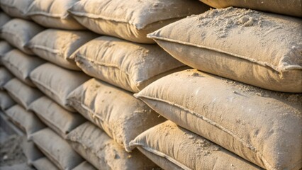 Poster - A closeup of rugged concrete bags stacked unevenly with fine dust accumulating on the surface hinting at hard work and completion ahead.