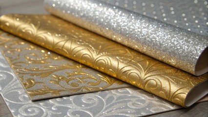 Poster - A closeup of metallicembellished wallpaper in a heap catching the light with glimmers of silver and gold contrasting beautifully against the matte and textured pieces nearby.