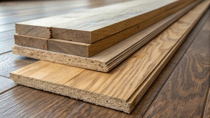 Aufkleber - A closeup of partially stacked planks with one plank slightly uplifted showcasing its smooth underside against the rugged top surface giving a visual narrative of the renovation