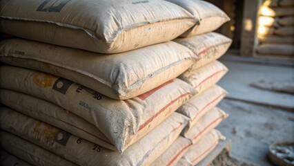 Poster - A closeup of multiple cement bags stacked chaotically each bag displaying unique imperfections such as scuff marks and stains with soft ambient light creating a play of shadows