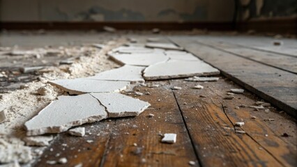Aufkleber - A closeup of jagged pieces of plaster contrasting against a background of grimy floorboards with patches of exposed wood highlighted by tered bits of plaster dust.