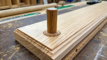Poster - A closeup of a wooden dowel embedded in a side panel the surrounding area still rough showcasing the anticipation of final detailing.