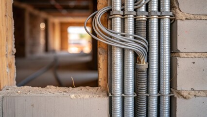 Poster - A closeup of a wall opening revealing galvanized pipes the surfaces catching glints of light while stray wires form an abstract pattern around them.