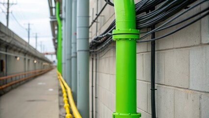 Poster - A closeup of a vibrant green pipe running vertically along a wall with electric lines twisting around it creating an unexpected pop of color in an industrial setting.