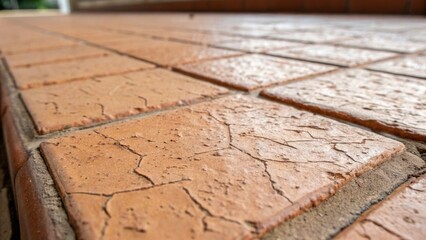 Poster - A closeup of a tile shows uneven lines and textures where the glaze has chipped away exposing the rough terracotta underneath and revealing years of wear.