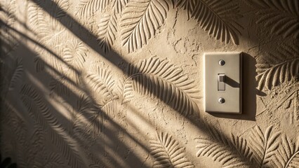 Poster - A closeup of a textured wall with a minimalist light switch where the shadows created by the overhead light enhance the embossed detail of the wall treatment creating a dynamic