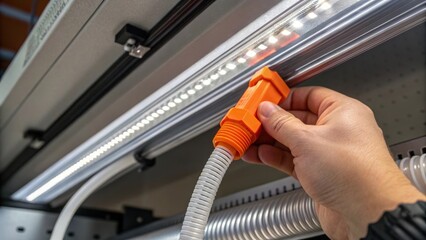 Poster - A closeup of a stretch of flexible tubing emerging from a slotted panel glistening slightly under the overhead lights while a hand holds a bright orange connector for secure