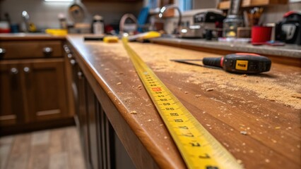 Aufkleber - A closeup of a stained measuring tape stretched across the edge of the kitchen island capturing the distractions of sawdust and tered tools nearby.