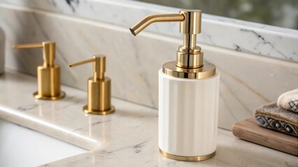 Poster - A closeup of a stylish soap dispenser integrated into a brushed gold faucet setup featuring clean lines and a sophisticated look that embodies contemporary design sensibilities.