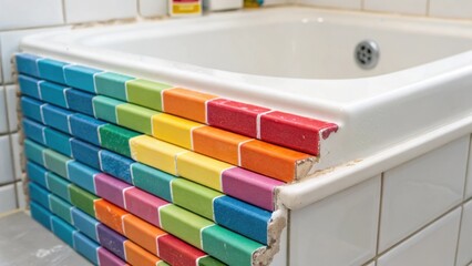 Aufkleber - A closeup of a stack of colorful tiles arranged on the edge of the bathtub with spackling compound and grout tubes tered around the edge indicating ongoing work.