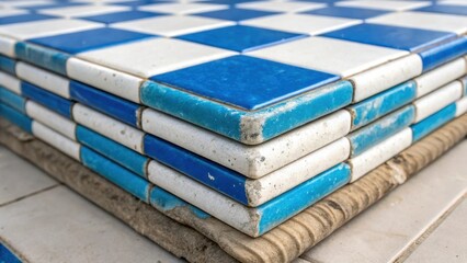 Aufkleber - A closeup of a stack of vibrant blue and white tiles the edges worn down blending beautifully with neutraltoned tiles creating a stark yet harmonious visual contrast.