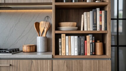 Poster - A closeup of a sophisticated arrangement of kitchen tools and cookbooks on open cabinetry with natural wood grains and a matte surface providing a warm inviting texture.