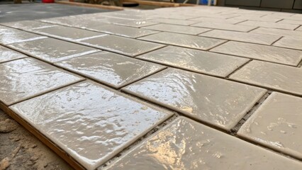 Aufkleber - A closeup of an oversized rectangular tile its shiny surface interrupted by thick uneven streaks of ungrouted mortar illustrating the renovation phase intricacies.
