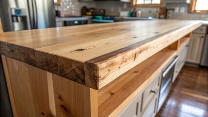 Poster - A closeup of an unfinished shelf edge revealing the natural imperfections and knots of the wood highlighting the rustic charm set to contrast a sleek kitchen environment.