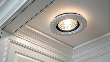 Aufkleber - A closeup of a newly installed LED recessed light illustrating the sleek design and energy efficiency surrounded by pristine drywall.