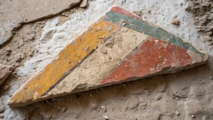 Poster - A closeup of an angular plaster fragment revealing underlying layers of a once vibrant wall color now worn away and obscured by dust and cakedon grime.