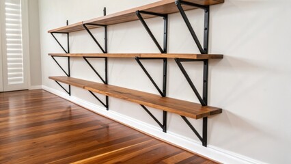 Poster - A closeup of an empty wall where sleek black metal brackets are paired with natural wood shelves geometrically arranged on the polished wooden floor.