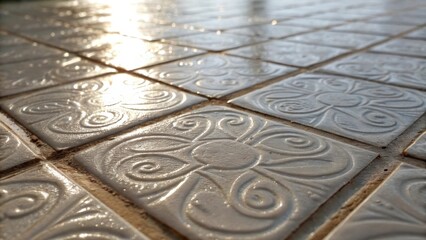Leinwandbilder - A closeup of a glossy tile surface reflecting light revealing an intricate texture of subtle swirls and patterns with edges slightly chipped from ting creating an artisanal feel.