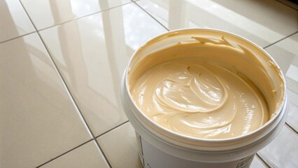 Aufkleber - A closeup of a large open container of adhesive its creamy texture exposed and glistening positioned on a flawless lightcolored tile floor that enhances the color contrast.
