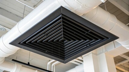 Aufkleber - A closeup of an angular black heating vent juxtaposed against bright white exposed ducts presenting a striking modern design that commands attention in the living space.