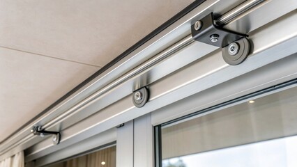 Aufkleber - A closeup of a minimalistic track system mounted flush against a smooth ceiling featuring polished aluminum finish and seamlessly integrated rollers for the sliding partition.