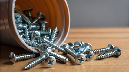 Poster - A closeup of a handful of screws spilling from an upturned container some rolling away while the shiny surfaces continue to reflect bright light creating a sense of motion and