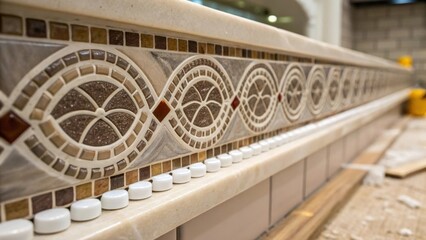 Poster - A closeup of a halffinished backsplash featuring intricate mosaic tiles with tiny white spacers neatly arranged showcasing the craft and detail committed to the renovation project.