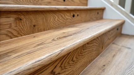 Poster - A closeup image of the edge of a stair tread focusing on the visible texture of the wood grain with small imperfections that contribute to its character and charm.