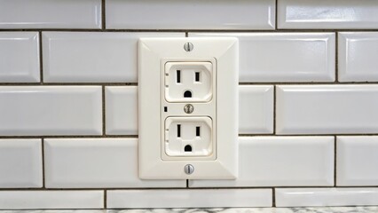 Aufkleber - A closeup image of a double electrical outlet with one slot slightly ajar revealing the pristine inner wiring surrounded by a stylish backsplash of white subway tiles that enhances