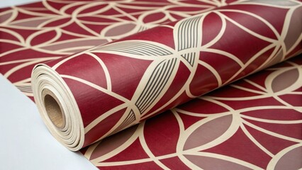Aufkleber - A closeup image captures the slight shine of a contemporary vinyl flooring roll showcasing bold abstract patterns in rich shades of burgundy and cream still wrapped loosely.
