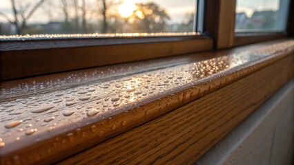 Poster - A closeup image of a window ledge captured in soft morning light the protective tape reflecting a hint of glossy sheen. Tiny droplets of moisture rest on the woods surface.