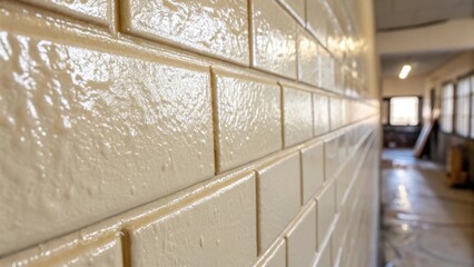 Poster - A closeup focus on a section of wall covered in a light coat of adhesive the glossy sheen catching the light suggesting just how smooth the surface will become once the wallpaper