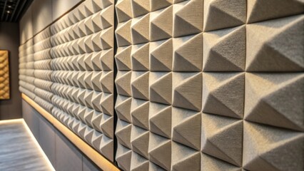 Poster - A closeup highlighting the soft padded texture of the acoustic panels with light glinting off their surface suggesting a blend of style and functionality.