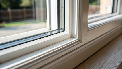 Poster - A closeup focusing on the interplay between shadows and light on a newly renovated window frame emphasizing the clean separation created by the snug seals.