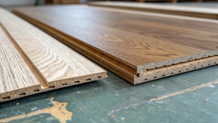 Aufkleber - A closeup focused on the tongueandgroove edges of two laminate boards emphasizing the precision of their engineered design despite their current discarded state.