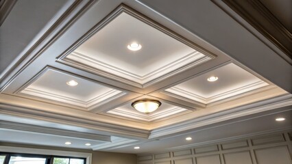 Poster - A closeup detailing the smooth integration of a recessed light in a coffered ceiling where elegantly raised panels complement the modern fixture.