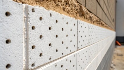 Aufkleber - A closeup capturing the contrast between the smooth wall surface and the rough drilled edges of the holes creating a dynamic visual texture in the renovation process.