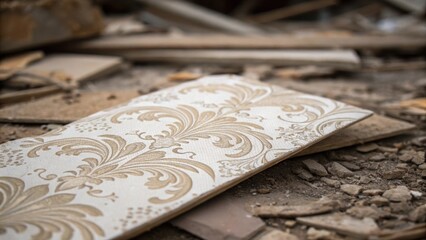 Aufkleber - A closeup angle focusing on the intricate lacelike patterns of a fragile wallpaper scrap the elegance of its design juxtaposed with the roughness of its discarded surroundings.