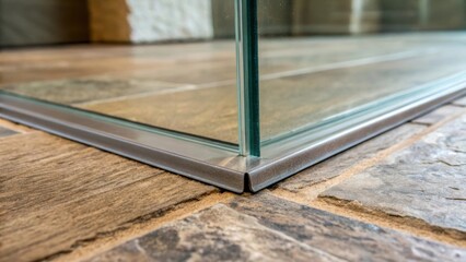 Poster - A close shot of the lower edge of a glass panel resting against a textured flooring where the clear glass contrasts with rustic tiling detailing the junction.